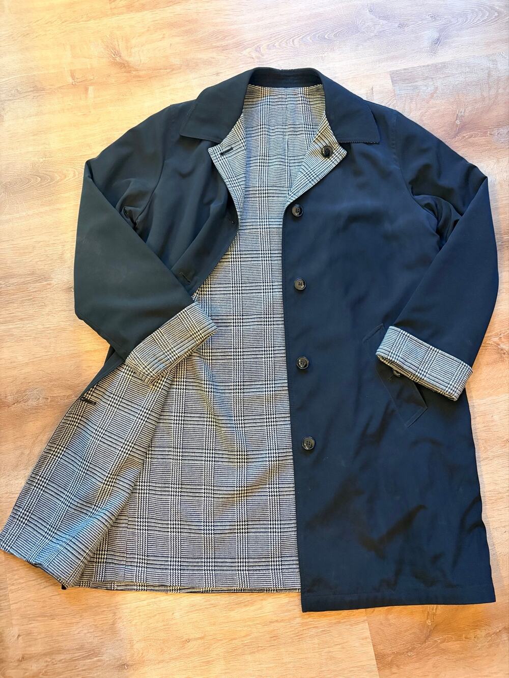 Gallery Reversible Trench Coat Medium Black & White Plaid Mac Rain Jacket M